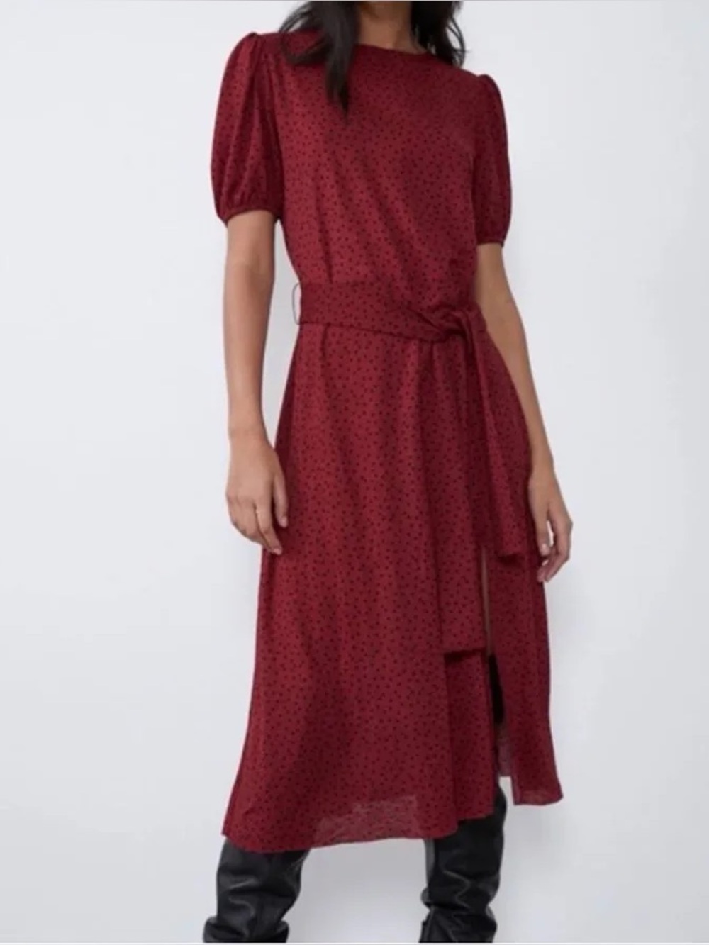Zara Crimson with Black Dot Puff Sleeve Midi Dress